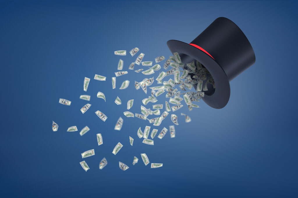 money hacks. a black magician's hat with cash dlowing out of it.