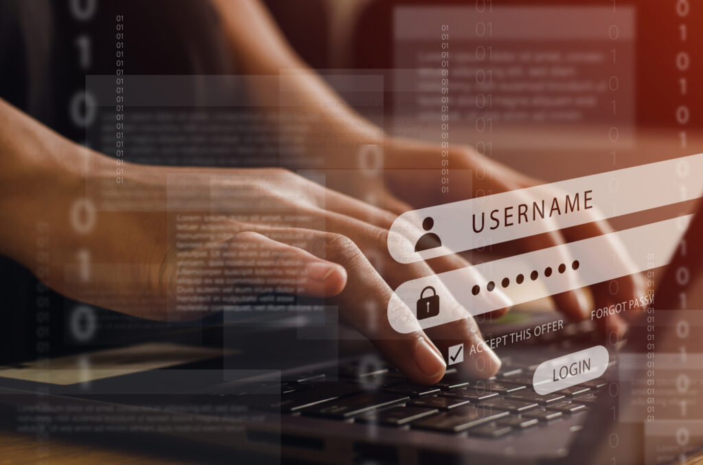 password prompt, hands typing.